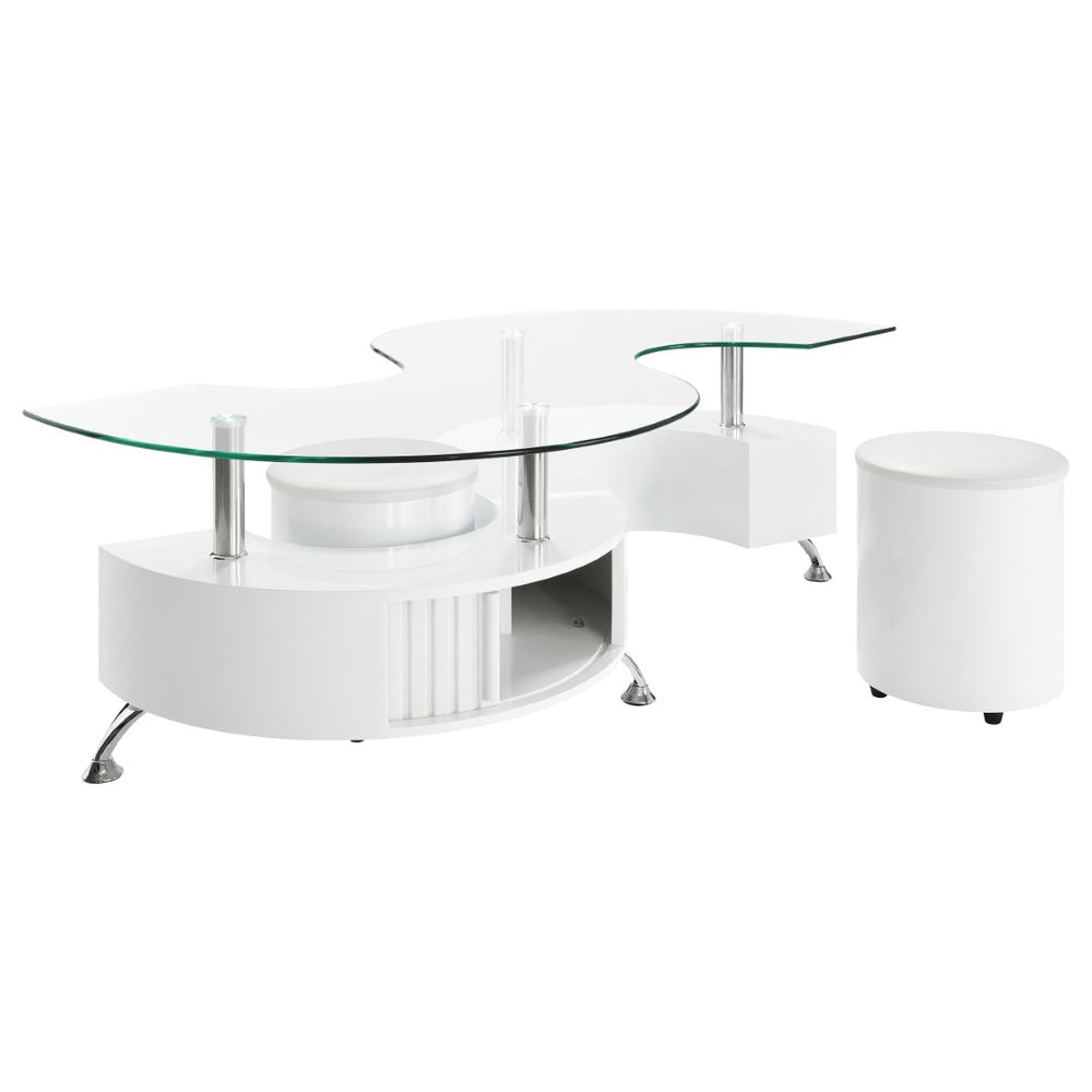 English Elm Marley Sculptural Glass Top Coffee Table Set with Hidden Storage and Padded Stools B062S02460
