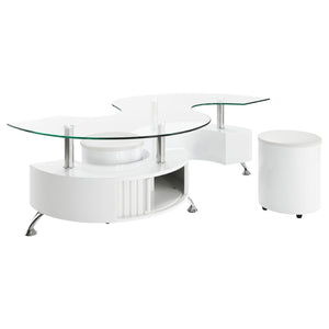 English Elm Marley Sculptural Glass Top Coffee Table Set with Hidden Storage and Padded Stools B062S02460