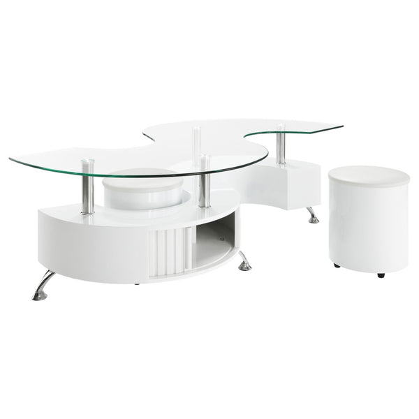 English Elm Marley Sculptural Glass Top Coffee Table Set with Hidden Storage and Padded Stools B062S02460
