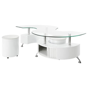 English Elm Marley Sculptural Glass Top Coffee Table Set with Hidden Storage and Padded Stools B062S02460