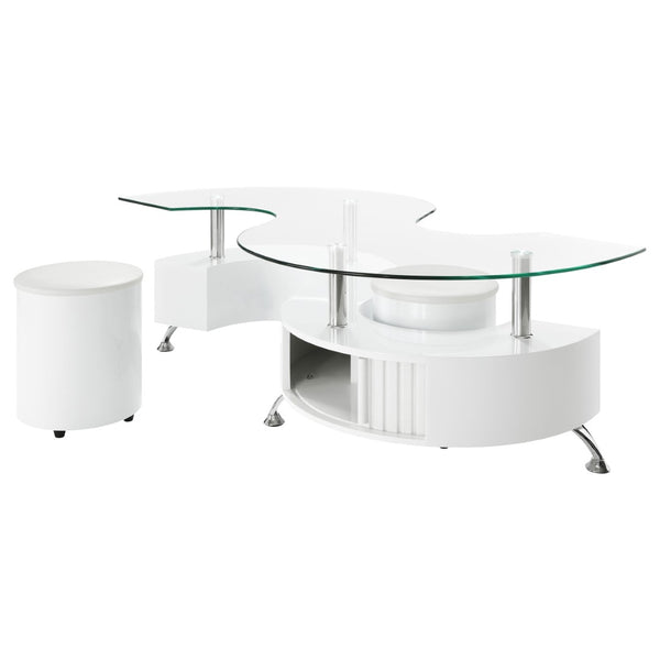 English Elm Marley Sculptural Glass Top Coffee Table Set with Hidden Storage and Padded Stools B062S02460