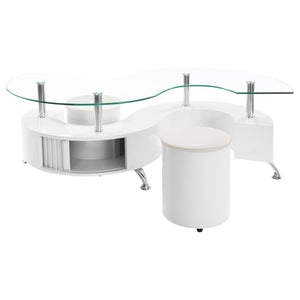 English Elm Marley Sculptural Glass Top Coffee Table Set with Hidden Storage and Padded Stools B062S02460