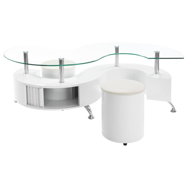 English Elm Marley Sculptural Glass Top Coffee Table Set with Hidden Storage and Padded Stools B062S02460