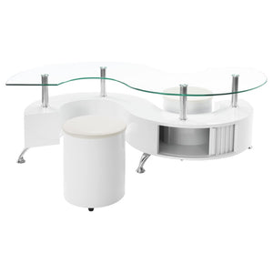 English Elm Marley Sculptural Glass Top Coffee Table Set with Hidden Storage and Padded Stools B062S02460