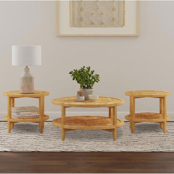 English Elm Elliott Maple Rubberwood 3 Piece Round Coffee and End Table Set for Living Room B062S02469