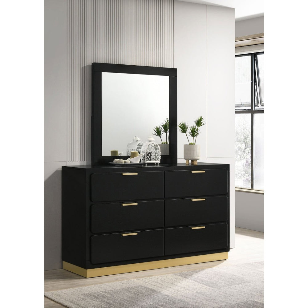 English Elm Napa Matte Black Six Drawer Dresser with Brushed Gold Pulls and Coordinating Wall Mirror B062S02475