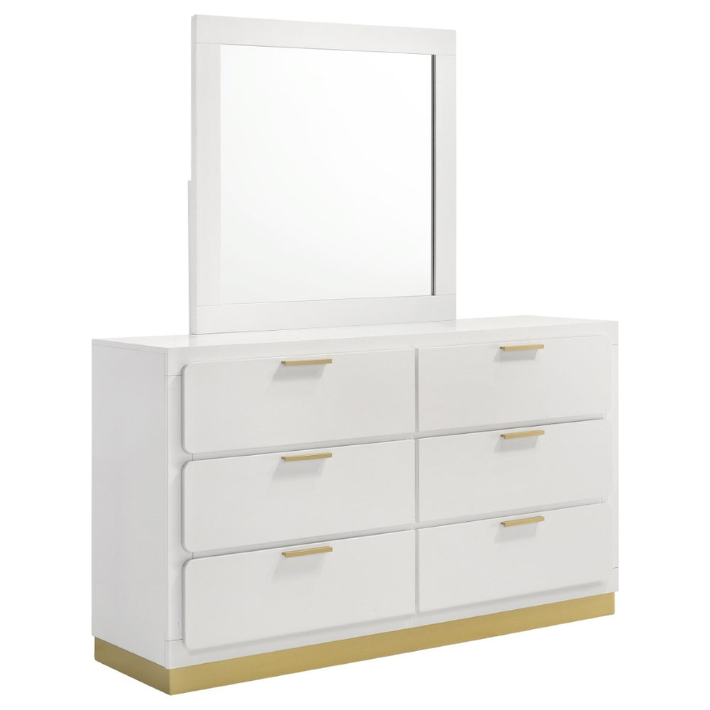 English Elm Napa White Six Drawer Dresser with Mirror Brushed Gold Pulls Modern Bedroom B062S02476