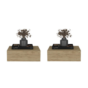English Elm Natural Oak Wall Mounted Floating Nightstand Set for Modern Minimalist Bedrooms B062S02477