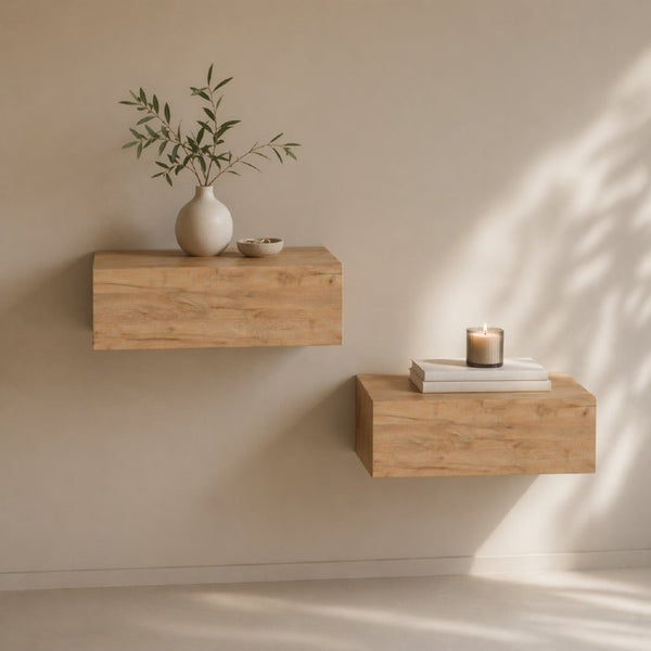 English Elm Natural Oak Wall Mounted Floating Nightstand Set for Modern Minimalist Bedrooms B062S02477