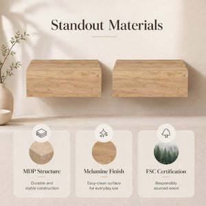 English Elm Natural Oak Wall Mounted Floating Nightstand Set for Modern Minimalist Bedrooms B062S02477