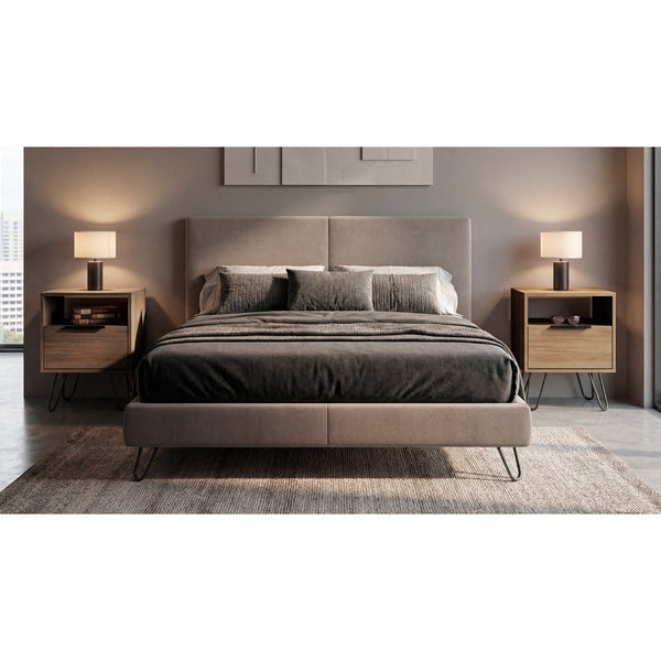 English Elm Light Oak Finish Nightstands Set of 2 with Drawer Open Shelf and Slim Metal Legs B062S02482