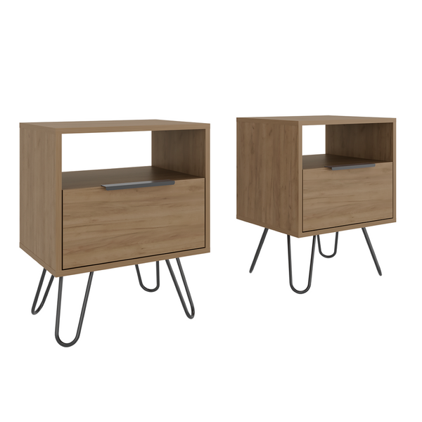 English Elm Light Oak Finish Nightstands Set of 2 with Drawer Open Shelf and Slim Metal Legs B062S02482