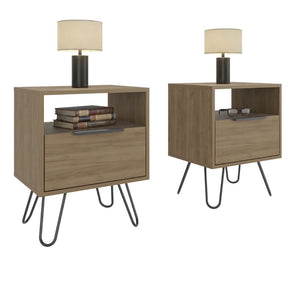 English Elm Light Oak Finish Nightstands Set of 2 with Drawer Open Shelf and Slim Metal Legs B062S02482