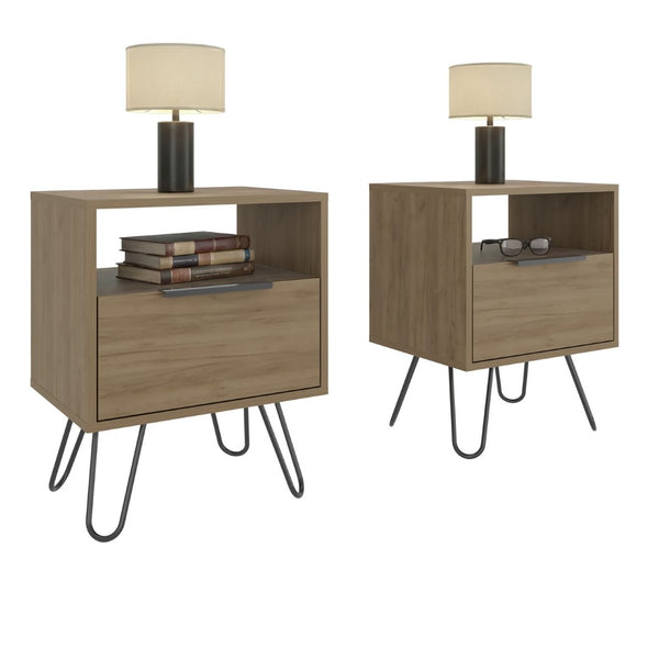 English Elm Light Oak Finish Nightstands Set of 2 with Drawer Open Shelf and Slim Metal Legs B062S02482
