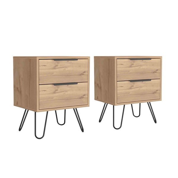 English Elm Light Oak Finish Scandinavian Bedroom Nightstands with Two Drawers Sold as Pair B062S02484