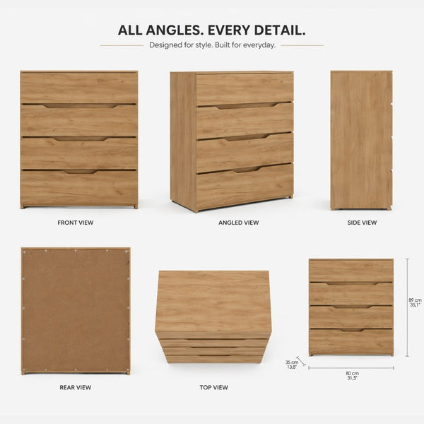 English Elm Natural Oak Finish 4 Drawer Dresser Set of 2 Slim Minimalist Bedroom Storage B062S02488