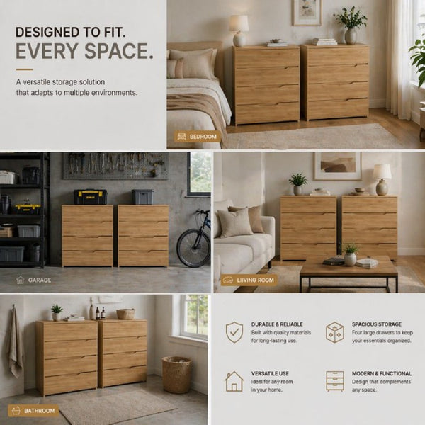 English Elm Natural Oak Finish 4 Drawer Dresser Set of 2 Slim Minimalist Bedroom Storage B062S02488