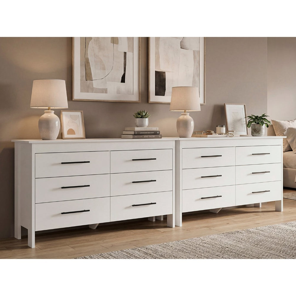 English Elm White Six Drawer Double Dresser Set Modern Bedroom Storage with Black Hardware B062S02492