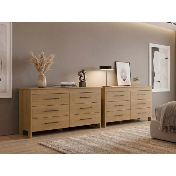 English Elm Light Oak Six Drawer Dresser Set with Matte Black Hardware for Modern Bedrooms B062S02493