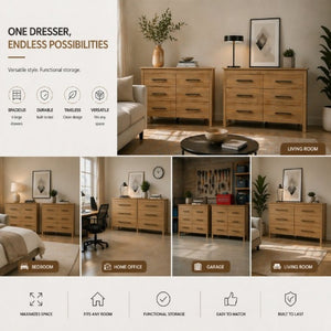 English Elm Light Oak Six Drawer Dresser Set with Matte Black Hardware for Modern Bedrooms B062S02493