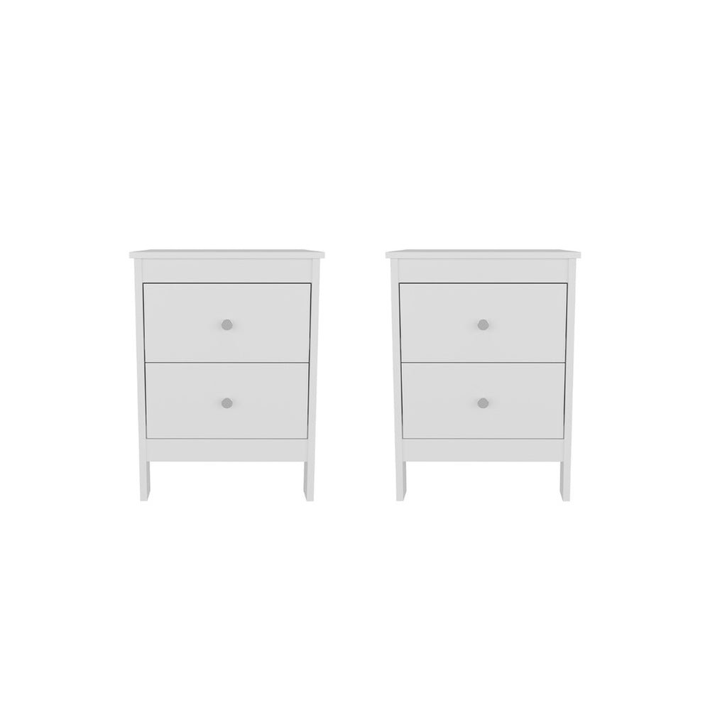English Elm White Two Drawer Nightstand Set Minimalist Bedside Storage with Raised Legs for Modern Rooms B062S02503