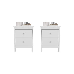 English Elm White Two Drawer Nightstand Set Minimalist Bedside Storage with Raised Legs for Modern Rooms B062S02503
