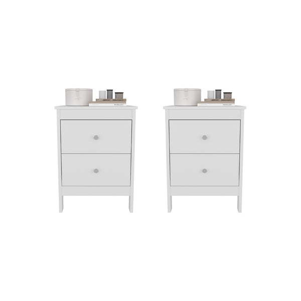 English Elm White Two Drawer Nightstand Set Minimalist Bedside Storage with Raised Legs for Modern Rooms B062S02503