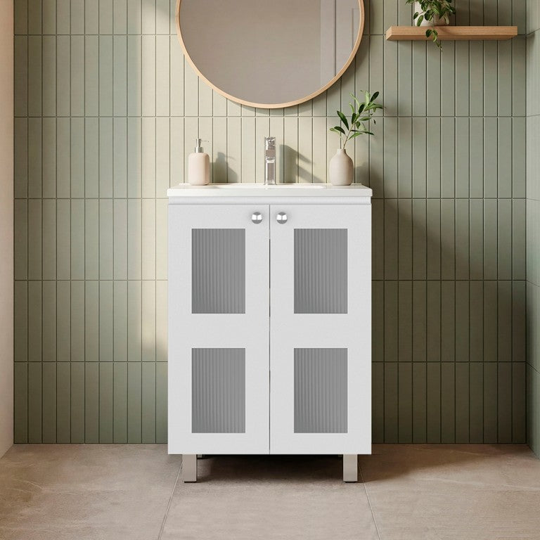 English Elm White Two Door Bathroom Storage Cabinet with Adjustable Shelves for Tidy Spaces B062S02513