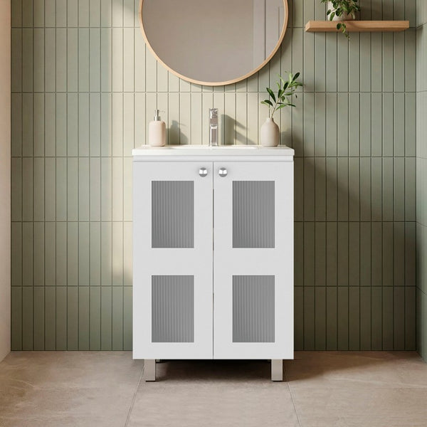 English Elm White Two Door Bathroom Storage Cabinet with Adjustable Shelves for Tidy Spaces B062S02513