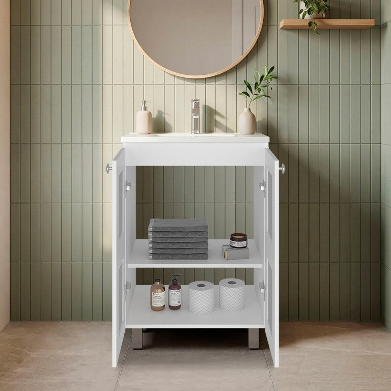 English Elm White Two Door Bathroom Storage Cabinet with Adjustable Shelves for Tidy Spaces B062S02513