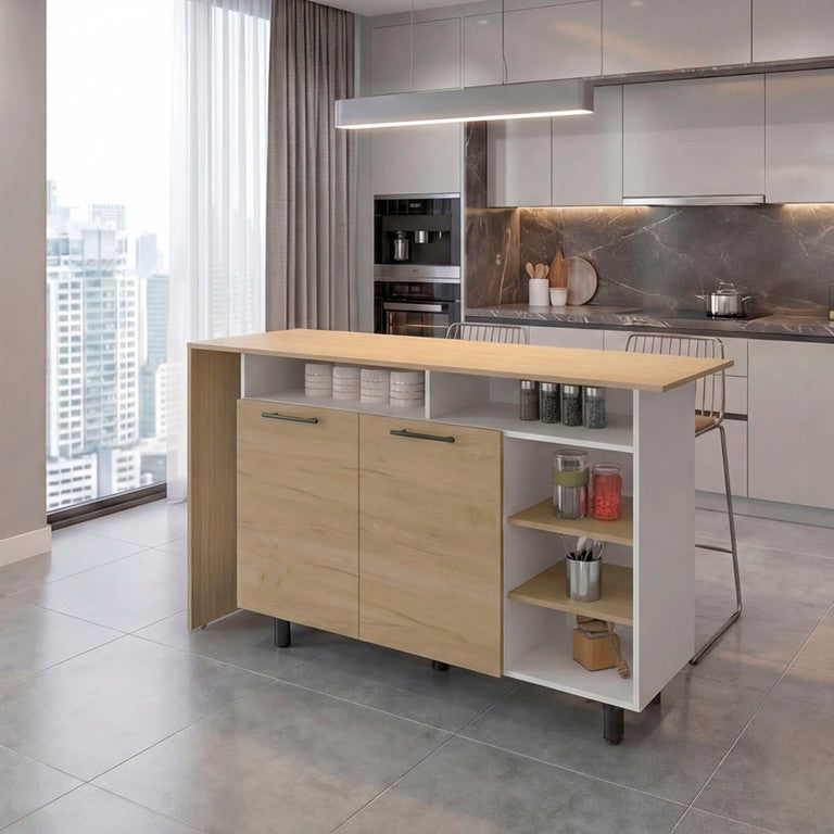 English Elm White Two-Tone Oak Kitchen Island with Open Shelving and Concealed Cabinet Storage B062S02515