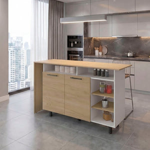 English Elm White Two-Tone Oak Kitchen Island with Open Shelving and Concealed Cabinet Storage B062S02515