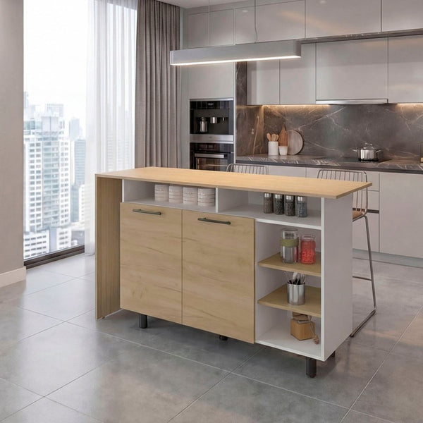 English Elm White Two-Tone Oak Kitchen Island with Open Shelving and Concealed Cabinet Storage B062S02515