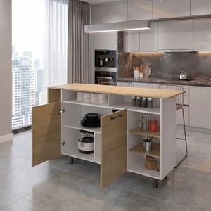 English Elm White Two-Tone Oak Kitchen Island with Open Shelving and Concealed Cabinet Storage B062S02515