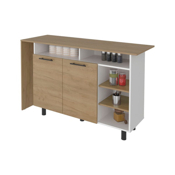 English Elm White Two-Tone Oak Kitchen Island with Open Shelving and Concealed Cabinet Storage B062S02515