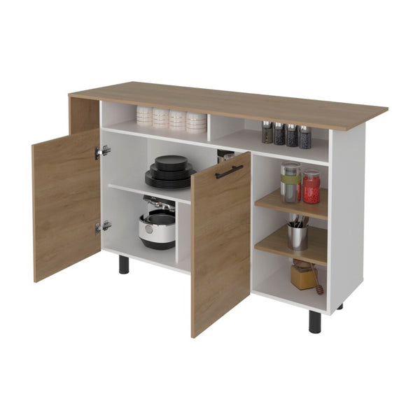 English Elm White Two-Tone Oak Kitchen Island with Open Shelving and Concealed Cabinet Storage B062S02515