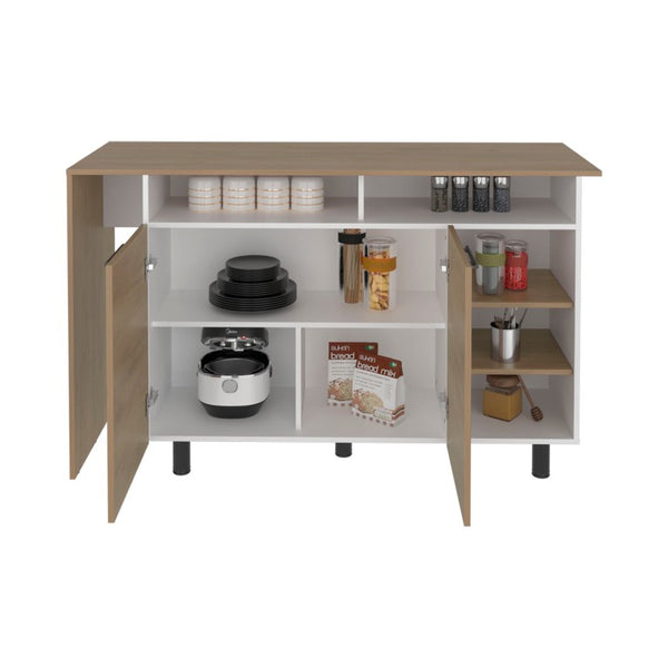 English Elm White Two-Tone Oak Kitchen Island with Open Shelving and Concealed Cabinet Storage B062S02515