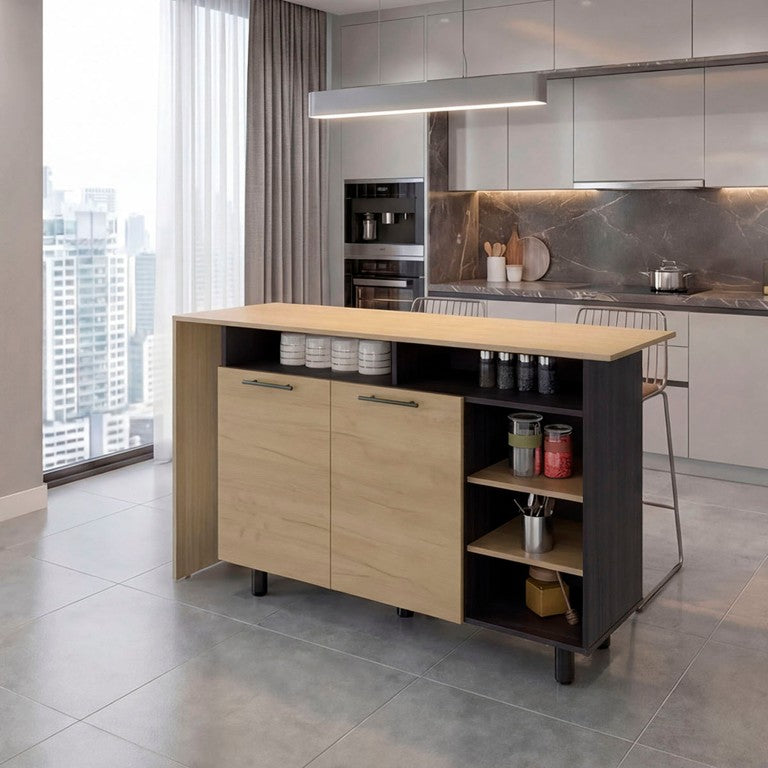 English Elm Wenge Two-Tone Oak Kitchen Island with Open Shelving and Cabinet Storage B062S02516