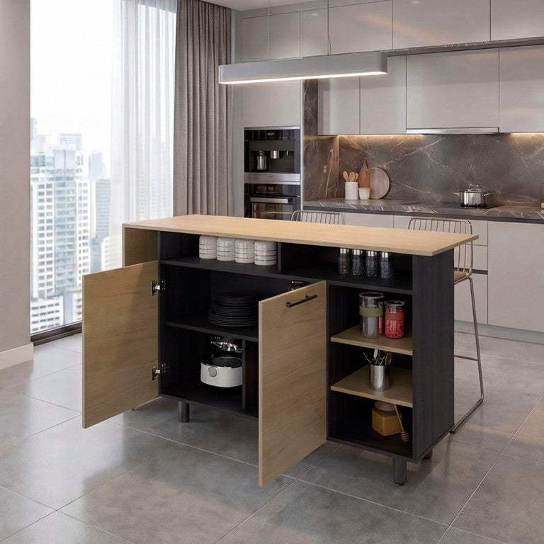 English Elm Wenge Two-Tone Oak Kitchen Island with Open Shelving and Cabinet Storage B062S02516