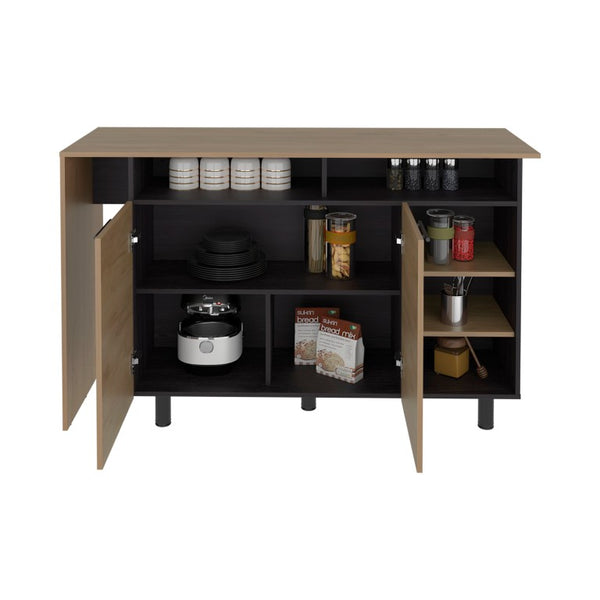 English Elm Wenge Two-Tone Oak Kitchen Island with Open Shelving and Cabinet Storage B062S02516