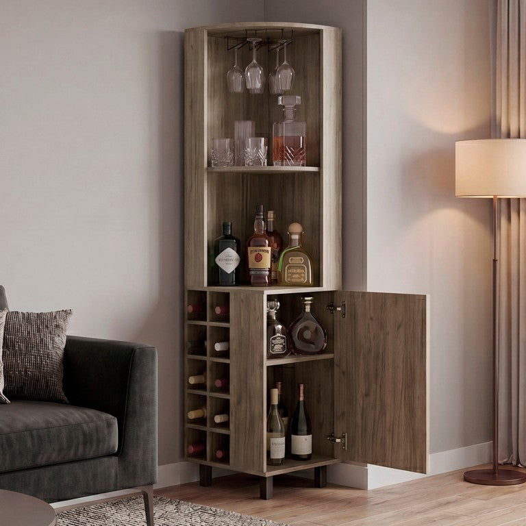 English Elm Cannoli Corner Bar Cabinet with Stemware Rack and Wine Storage for Small Spaces B062S02524