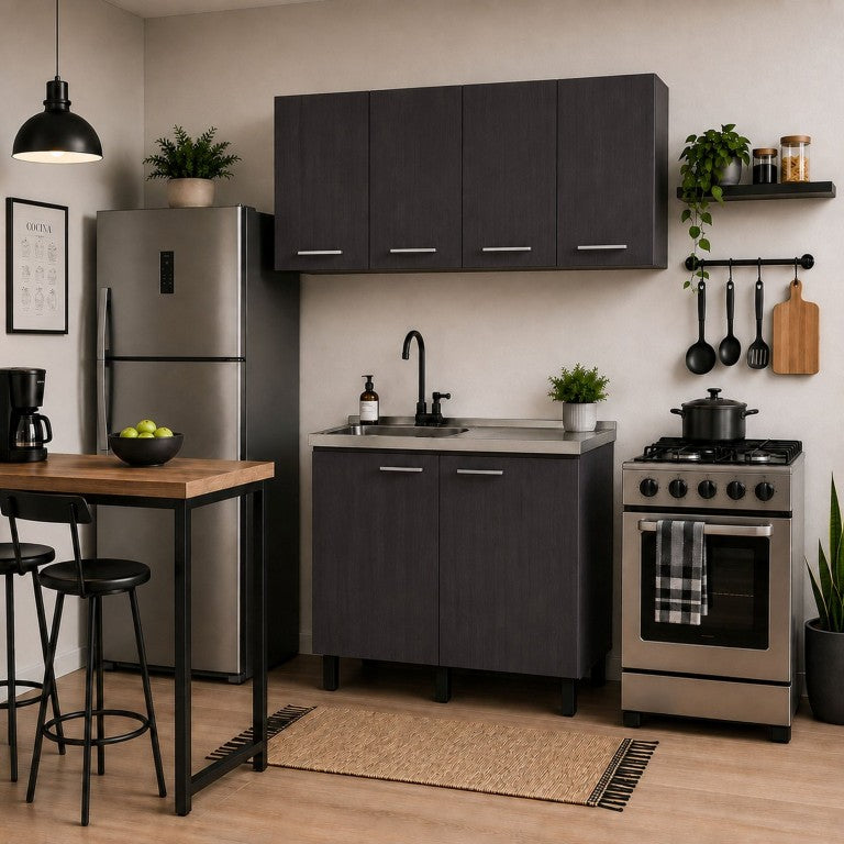 English Elm Wenge Two Piece Sink Base and Wall Cabinet Set for Modern Compact Kitchens B062S02534