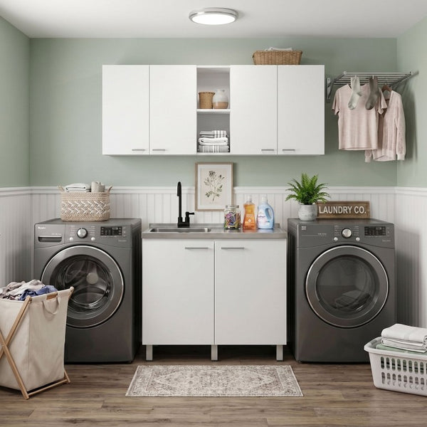 English Elm White Laundry Room Sink Base and Wall Cabinet Set for Organized Utility Spaces Utility Sink Cabinet with Wall Storage B062S02550