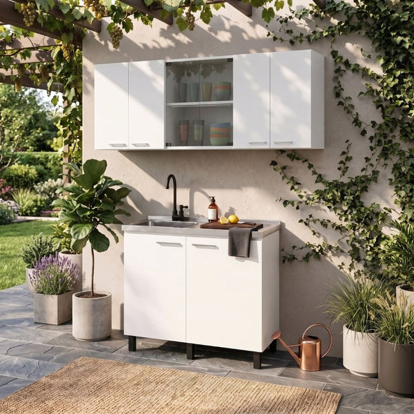 English Elm White Laundry Room Sink Base and Wall Cabinet Set for Organized Utility Spaces Utility Storage Cabinet with Glass Doors B062S02552