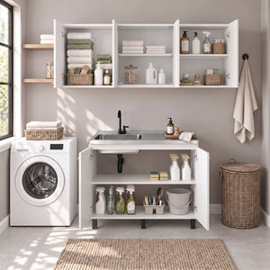 English Elm White Laundry Room Sink Base and Wall Cabinet Set for Organized Utility Spaces Utility Storage Cabinet with Glass Doors B062S02552