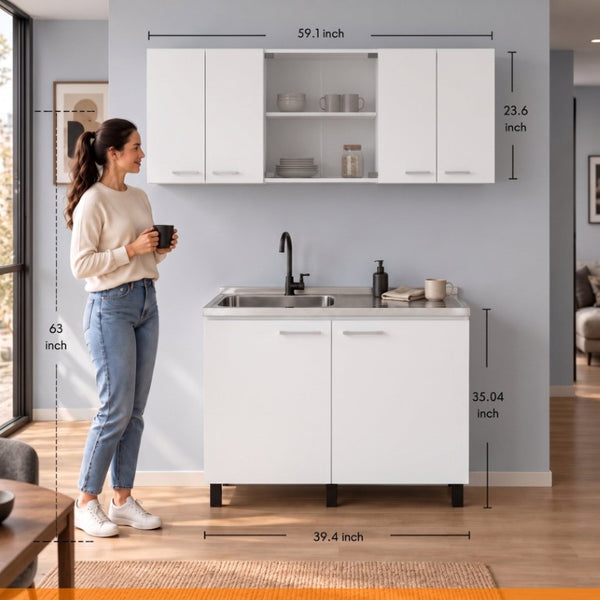 English Elm White Laundry Room Sink Base and Wall Cabinet Set for Organized Utility Spaces Utility Storage Cabinet with Glass Doors B062S02552