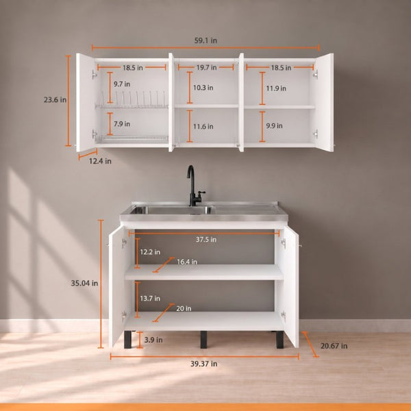 English Elm White Laundry Room Sink Base and Wall Cabinet Set for Organized Utility Spaces Utility Storage Cabinet with Glass Doors B062S02552