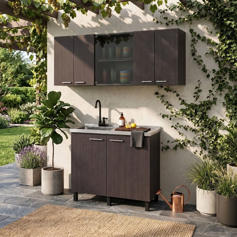 English Elm Wenge Two Piece Sink Base and Wall Cabinet Set for Laundry or Garage Utility Storage Cabinet with Glass Doors B062S02553