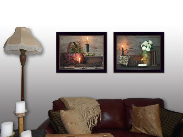 English Elm Baskets and Florals 2-Piece Framed Wall Art Set with Matte Black Wood Frame B06786992