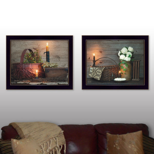 English Elm Baskets and Florals 2-Piece Framed Wall Art Set with Matte Black Wood Frame B06786992